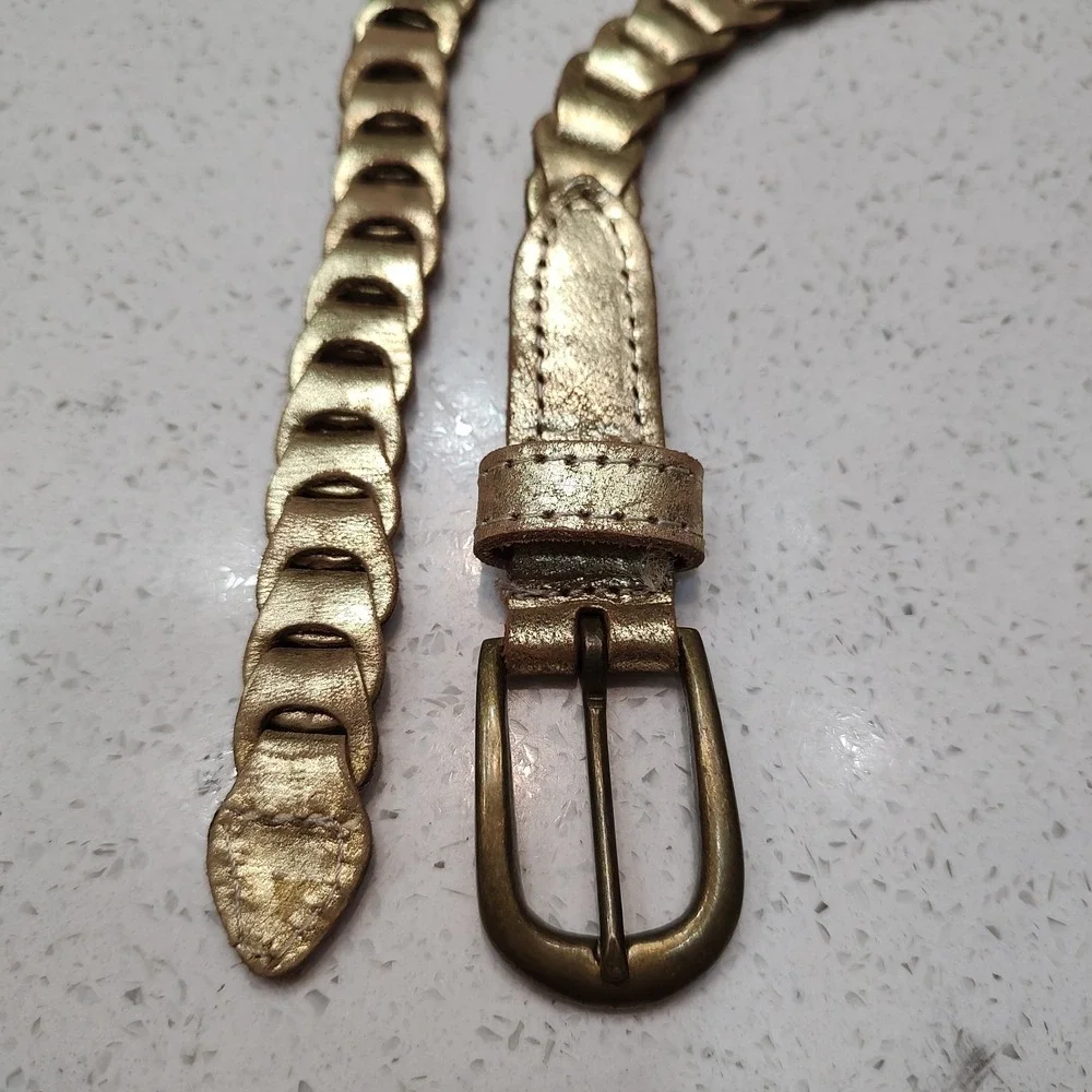 Metallic Gold Genuine Leather Braided Belt Size Small Vintage Castle Core Dainty